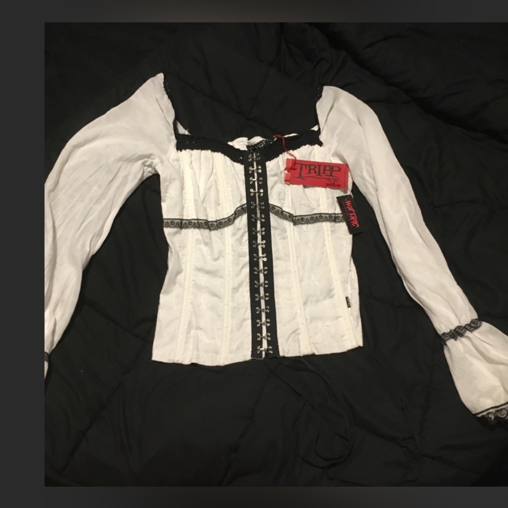 Tripp NYC Vintage White & Black Embroidered Eyelet Milkmaid Corset Size Small